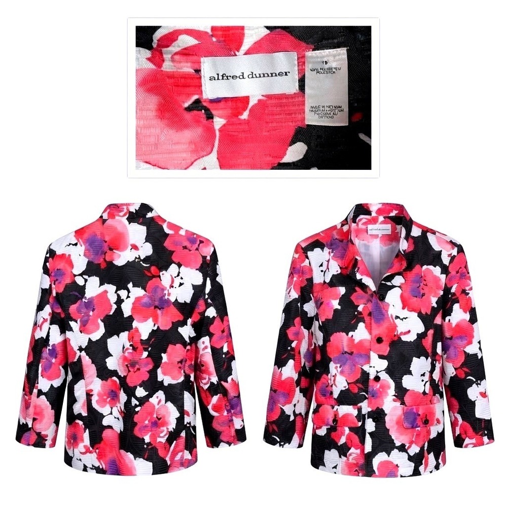 Alfred Dunner Womens 18 Floral Blazer Pink Black Textured Button Front Jacket